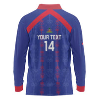 Custom Haiti Football Long Sleeve Polo Shirt Les Grenadiers Veve Vodou Blue - Wonder Print Shop