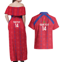 Custom Haiti Football Couples Matching Off Shoulder Maxi Dress and Hawaiian Shirt Les Grenadiers Veve Vodou Red - Wonder Print Shop