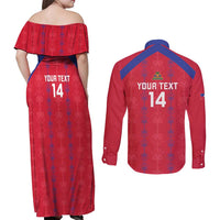 Custom Haiti Football Couples Matching Off Shoulder Maxi Dress and Long Sleeve Button Shirt Les Grenadiers Veve Vodou Red - Wonder Print Shop
