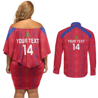 Custom Haiti Football Couples Matching Off Shoulder Short Dress and Long Sleeve Button Shirt Les Grenadiers Veve Vodou Red - Wonder Print Shop