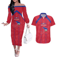 Custom Haiti Football Couples Matching Off The Shoulder Long Sleeve Dress and Hawaiian Shirt Les Grenadiers Veve Vodou Red - Wonder Print Shop