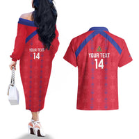 Custom Haiti Football Couples Matching Off The Shoulder Long Sleeve Dress and Hawaiian Shirt Les Grenadiers Veve Vodou Red - Wonder Print Shop
