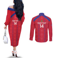 Custom Haiti Football Couples Matching Off The Shoulder Long Sleeve Dress and Long Sleeve Button Shirt Les Grenadiers Veve Vodou Red - Wonder Print Shop