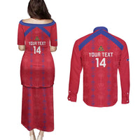 Custom Haiti Football Couples Matching Puletasi and Long Sleeve Button Shirt Les Grenadiers Veve Vodou Red - Wonder Print Shop