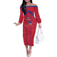 Custom Haiti Football Family Matching Off The Shoulder Long Sleeve Dress and Hawaiian Shirt Les Grenadiers Veve Vodou Red - Wonder Print Shop