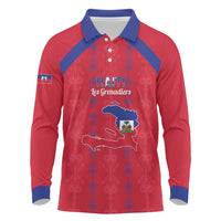 Custom Haiti Football Long Sleeve Polo Shirt Les Grenadiers Veve Vodou Red - Wonder Print Shop