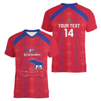 Custom Haiti Football Women V-Neck T-Shirt Les Grenadiers Veve Vodou Red - Wonder Print Shop