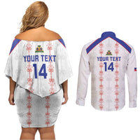 Custom Haiti Football Couples Matching Off Shoulder Short Dress and Long Sleeve Button Shirt Les Grenadiers Veve Vodou White - Wonder Print Shop