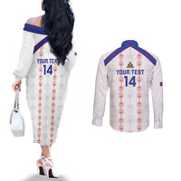 Custom Haiti Football Couples Matching Off The Shoulder Long Sleeve Dress and Long Sleeve Button Shirt Les Grenadiers Veve Vodou White - Wonder Print Shop