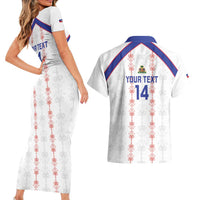 Custom Haiti Football Couples Matching Short Sleeve Bodycon Dress and Hawaiian Shirt Les Grenadiers Veve Vodou White - Wonder Print Shop