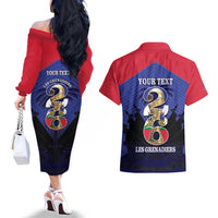 Personalized Les Grenadiers Haiti Football Couples Matching Off The Shoulder Long Sleeve Dress and Hawaiian Shirt 2026 Nou Retounen Blue Version - Wonder Print Shop