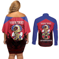 Personalized Les Grenadiers Haiti Football Couples Matching Off Shoulder Short Dress and Long Sleeve Button Shirt 2026 Nou Retounen Red Version - Wonder Print Shop