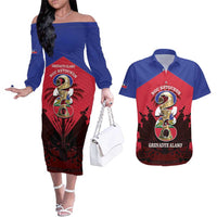 Personalized Les Grenadiers Haiti Football Couples Matching Off The Shoulder Long Sleeve Dress and Hawaiian Shirt 2026 Nou Retounen Red Version - Wonder Print Shop