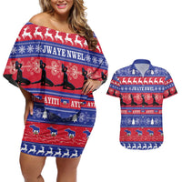 Haiti Christmas Couples Matching Off Shoulder Short Dress and Hawaiian Shirt Jwaye Nwel Ayiti Neg Marron Veve Vodou - Wonder Print Shop