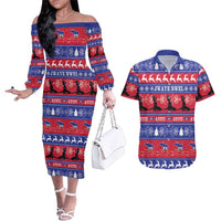 Haiti Christmas Couples Matching Off The Shoulder Long Sleeve Dress and Hawaiian Shirt Jwaye Nwel Ayiti Neg Marron Veve Vodou - Wonder Print Shop