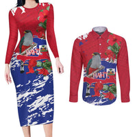 Haiti Independence Day Couples Matching Long Sleeve Bodycon Dress and Long Sleeve Button Shirt 1804 Proud Ayiti Map Hispaniolan Trogon - Wonder Print Shop