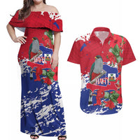 Haiti Independence Day Couples Matching Off Shoulder Maxi Dress and Hawaiian Shirt 1804 Proud Ayiti Map Hispaniolan Trogon - Wonder Print Shop