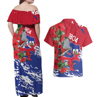 Haiti Independence Day Couples Matching Off Shoulder Maxi Dress and Hawaiian Shirt 1804 Proud Ayiti Map Hispaniolan Trogon - Wonder Print Shop