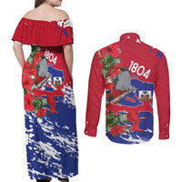 Haiti Independence Day Couples Matching Off Shoulder Maxi Dress and Long Sleeve Button Shirt 1804 Proud Ayiti Map Hispaniolan Trogon - Wonder Print Shop
