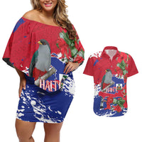 Haiti Independence Day Couples Matching Off Shoulder Short Dress and Hawaiian Shirt 1804 Proud Ayiti Map Hispaniolan Trogon - Wonder Print Shop