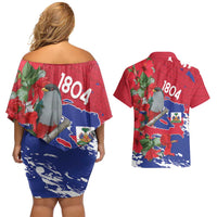 Haiti Independence Day Couples Matching Off Shoulder Short Dress and Hawaiian Shirt 1804 Proud Ayiti Map Hispaniolan Trogon - Wonder Print Shop