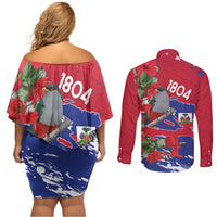 Haiti Independence Day Couples Matching Off Shoulder Short Dress and Long Sleeve Button Shirt 1804 Proud Ayiti Map Hispaniolan Trogon - Wonder Print Shop