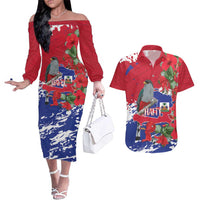 Haiti Independence Day Couples Matching Off The Shoulder Long Sleeve Dress and Hawaiian Shirt 1804 Proud Ayiti Map Hispaniolan Trogon - Wonder Print Shop