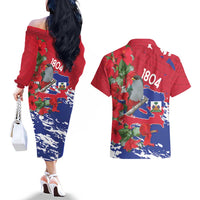 Haiti Independence Day Couples Matching Off The Shoulder Long Sleeve Dress and Hawaiian Shirt 1804 Proud Ayiti Map Hispaniolan Trogon - Wonder Print Shop