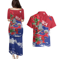 Haiti Independence Day Couples Matching Puletasi and Hawaiian Shirt 1804 Proud Ayiti Map Hispaniolan Trogon - Wonder Print Shop