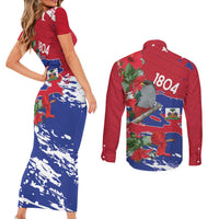 Haiti Independence Day Couples Matching Short Sleeve Bodycon Dress and Long Sleeve Button Shirt 1804 Proud Ayiti Map Hispaniolan Trogon - Wonder Print Shop