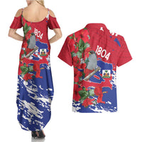 Haiti Independence Day Couples Matching Summer Maxi Dress and Hawaiian Shirt 1804 Proud Ayiti Map Hispaniolan Trogon - Wonder Print Shop