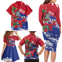 Haiti Independence Day Family Matching Long Sleeve Bodycon Dress and Hawaiian Shirt 1804 Proud Ayiti Map Hispaniolan Trogon - Wonder Print Shop