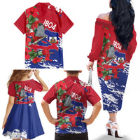 Haiti Independence Day Family Matching Off The Shoulder Long Sleeve Dress and Hawaiian Shirt 1804 Proud Ayiti Map Hispaniolan Trogon - Wonder Print Shop