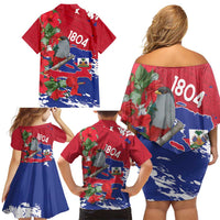Haiti Independence Day Family Matching Off Shoulder Short Dress and Hawaiian Shirt 1804 Proud Ayiti Map Hispaniolan Trogon - Wonder Print Shop