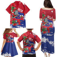 Haiti Independence Day Family Matching Puletasi and Hawaiian Shirt 1804 Proud Ayiti Map Hispaniolan Trogon - Wonder Print Shop