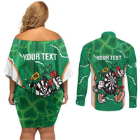 Personalised Ireland Darts Couples Matching Off Shoulder Short Dress and Long Sleeve Button Shirt Irish Dartboard Mascot Shamrock Pattern - Wonder Print Shop