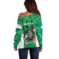 Personalised Ireland Darts Off Shoulder Sweater Irish Dartboard Mascot Shamrock Pattern - Wonder Print Shop