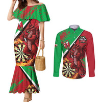 Personalised Wales Darts Couples Matching Mermaid Dress and Long Sleeve Button Shirt Welsh Dragon - Grunge Style