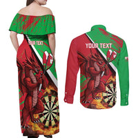Personalised Wales Darts Couples Matching Off Shoulder Maxi Dress and Long Sleeve Button Shirt Welsh Dragon - Grunge Style - Wonder Print Shop