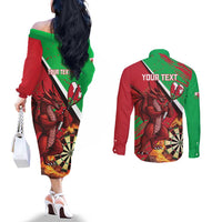 Personalised Wales Darts Couples Matching Off The Shoulder Long Sleeve Dress and Long Sleeve Button Shirt Welsh Dragon - Grunge Style