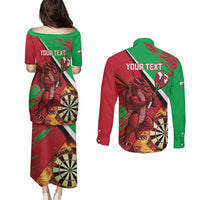 Personalised Wales Darts Couples Matching Puletasi and Long Sleeve Button Shirt Welsh Dragon - Grunge Style - Wonder Print Shop