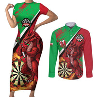Personalised Wales Darts Couples Matching Short Sleeve Bodycon Dress and Long Sleeve Button Shirt Welsh Dragon - Grunge Style - Wonder Print Shop