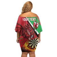 Personalised Wales Darts Off Shoulder Short Dress Welsh Dragon - Grunge Style - Wonder Print Shop
