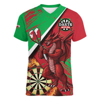 Personalised Wales Darts Women V-Neck T-Shirt Welsh Dragon - Grunge Style - Wonder Print Shop