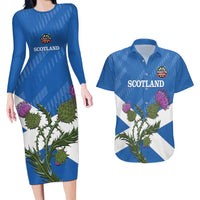 Personalised Scotland Darts Couples Matching Long Sleeve Bodycon Dress and Hawaiian Shirt Scottish Thistle - Flag Style - Wonder Print Shop