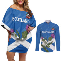 Personalised Scotland Darts Couples Matching Off Shoulder Short Dress and Long Sleeve Button Shirt Scottish Thistle - Flag Style - Wonder Print Shop