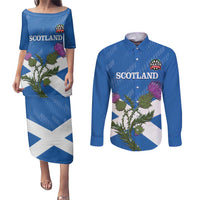Personalised Scotland Darts Couples Matching Puletasi and Long Sleeve Button Shirt Scottish Thistle - Flag Style - Wonder Print Shop