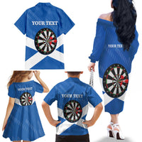 Personalised Scotland Darts Family Matching Off The Shoulder Long Sleeve Dress and Hawaiian Shirt Scottish Thistle - Flag Style - Wonder Print Shop