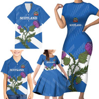 Personalised Scotland Darts Family Matching Short Sleeve Bodycon Dress and Hawaiian Shirt Scottish Thistle - Flag Style - Wonder Print Shop