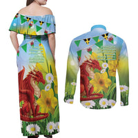 Wales Saint David's Day Couples Matching Off Shoulder Maxi Dress and Long Sleeve Button Shirt Dydd Gwyl Dewi Hapus Dragon Daffodil - Wonder Print Shop